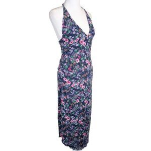 Wicked Weasel blue multi wildflower floral halter slinky stretch split dress L